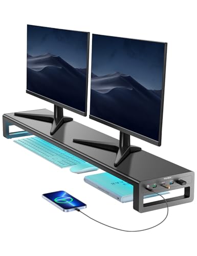 VAYDEER Dual Monitor Riser With 3 USB 3.0 Ports, Metal Desk Computer Stand for 2 Monitors, Office PC Screen Shelf for Laptop, iMac, Printer up to 32 Inches - Black