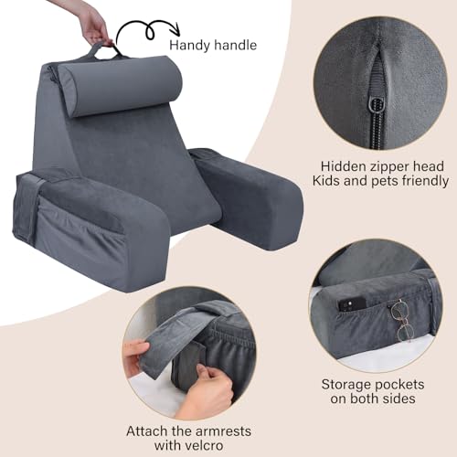 ENITYA Reading Pillow for Kids/Teens/Adults, Back Pillow for Bed Sitting up, Bed Rest Pillow with Arms, Back Support Pillow for Watching TV/Reading/Resting, Dorm Room Essentials, Standard 17\"(Grey)