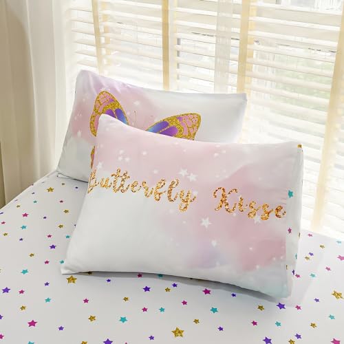 Image of Cokouchyi Twin Size Comforter Set for Girls, 5-Piece Bed in a Bag, 3D Colorful Butterfly Bedding Comforter Sheet Set, Ultra Soft and Fluffy, Pink & Rainbow Color