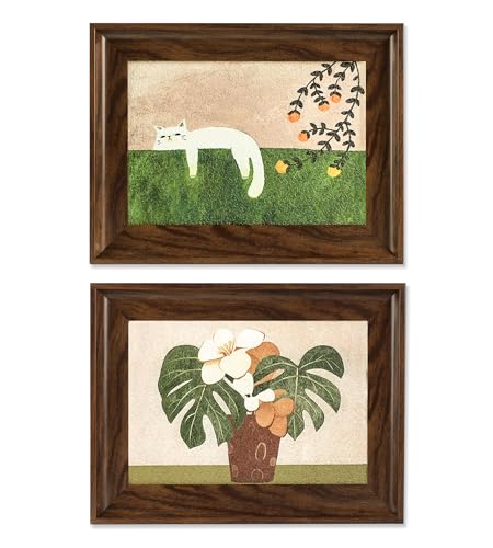Luccyle Decoración mural enmarcada vintage, cuadro con gatos y motivos botánicos, conjunto de arte mural para salones, dormitorios infantiles y baños, 40 x 30 cm