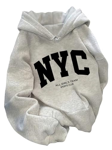 SweatyRocks Womens Oversized Letter Graphic Drawstring Hoodie Sweatshirt Thermal Lined Pullovers with Pocket Light Grey Medium