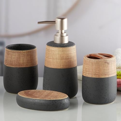 Image of SaSaSa Ceramic Bathroom Accessories Set of 4 Modern Bath Set with Soap Dispenser & Toothbrush Holder, Luxury Home & Gift Idea, Brown /Black (10262)