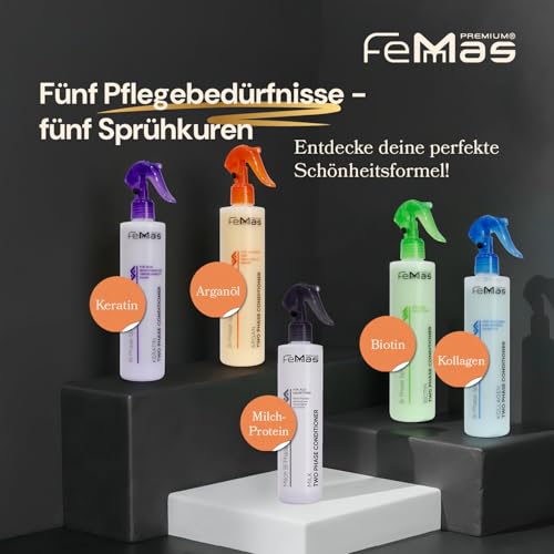 Foto von FemMas Bi-Phase Arganöl Leave In Conditioner Sprühkur 320ml I 2 Phasen Feuchtigkeitsspray I Haarpflege-Spray ohne Ausspülen I für gefärbte und aufgehellte Haare I Anti-Frizz Detangler Haar-Kur