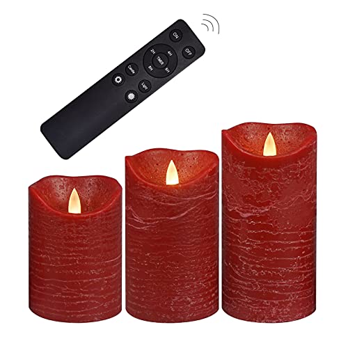 Image of CANDLE CHOICE Real Wax Battery Operated Flameless Candles with Remote Automatic Daily Cycle Timer Realistic Flickering Electric LED Pillars Wedding Party Holiday Decorations 3 Pack Rustic Texture Red