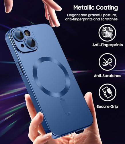 Image of DIZORO Magnetic Case for iPhone 13 / iPhone 14 Cover [Compatible with MagSafe][Built-in Camera Lens Protector] Slim Soft Silicone Bumper Shockproof Metallic Luster Back Cover Phone Cases (Blue)