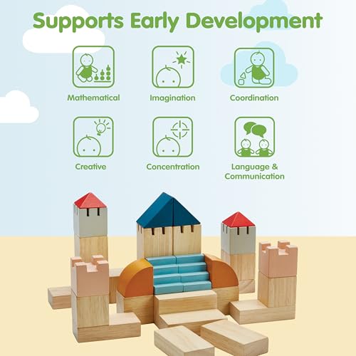 Image of PlanToys Creative Blocks Wooden Montessori Building and Imagination Toy in Orchard Shade | Fine Motor, Spatial Reasoning and Early STEM Learning Activity | Eco Friendly Open Ended Play Set