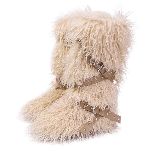 Bottes fourrées chaudes pour femme à talons plats et bout rond confortables en kaki