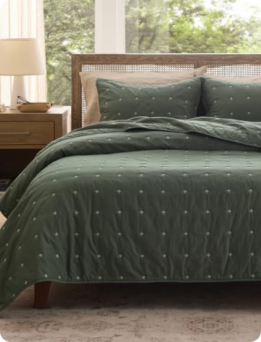 Bedsure PureWoven 100% Cotton Quilt Set Queen Size, Embroidery, Olive Sage