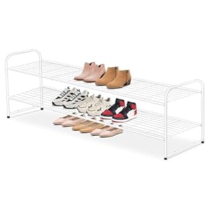 AOODA Long 2 Tier Shoe Rack for Closet Metal Wide Stackable Shoe Storage Organizer for Entryway, Bedroom, Floor, 18-Pairs Low Sneaker Shelf, White