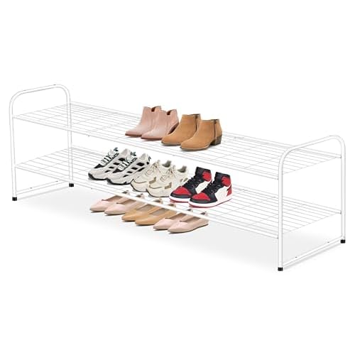 AOODA Long 2 Tier Shoe Rack for Closet Metal Wide Stackable Shoe Storage Organizer for Entryway, Bedroom, Floor, 18-Pairs Low Sneaker Shelf, White