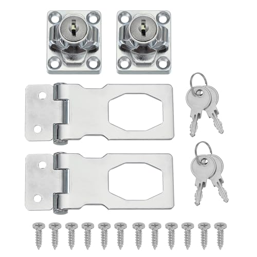 Image of MECCANIXITY Twist Knob Keyed Hasp Locks Safety Packlock Clasp Hasp Latches with Keys & Screws 2.5 Inch for Window Barn Drawer Cabinet Garage Small Doors (Pack of 2, Silver)