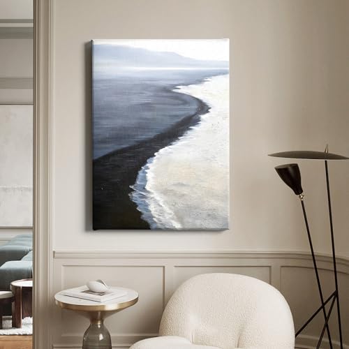 Navy Blue Ocean Painting Blue Sea Wave Picture Abstract Sea Wall Art Black and White Beach Painting Coastal Seascape Pictures Nature Seascape Canvas Beach Scene Poster for Bedroom 16x24in with Frame by Haruhiart - Used condition - Image 4