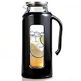 Delove Glass Pitcher with Lid & Shatterproof Shell – Heat-Resistant Borosilicate Glass Jug, 2 L/68 oz with Handle & Spout – Perfect for Iced Tea, Juice, Hot & Cold Water (Black)