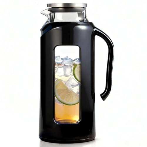 Delove Glass Pitcher with Lid & Shatterproof Shell – Heat-Resistant Borosilicate Glass Jug, 2 L/68 oz with Handle & Spout – Perfect for Iced Tea, Juice, Hot & Cold Water (Black)