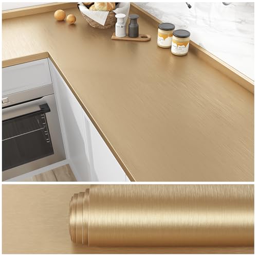VEELIKE Tjock borstad gyllene rostfritt stål tapet självhäftande film kylskåp hushållsapparater 40 cm x 300 cm metallisk tapet guld brons bänkskiva folie kökstapet tvättbar