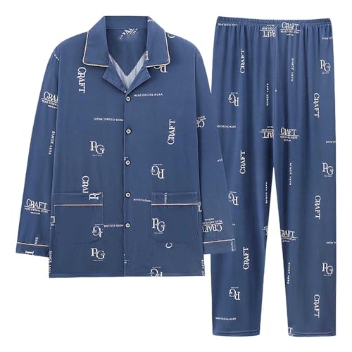 Generisch Pijama para hombre, monocolor, informal, cuello de solapa, ropa de casa ligera con correa para el pecho, pijama de dos piezas, primavera y otoño, pijama de manga larga, O azul., XL
