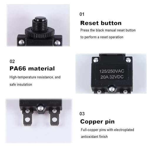 JIQI 6pcs 20A Circuit Breakers,125/250VAC Push-Button Manual Reset Overload Protection switches with 6pcs Waterproof Button caps,Suitable for Household Appliances,Medical Electrical System