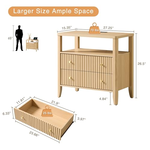 Image of Fluted Nightstand with Charging Station Set of 2, 27.3 inch Wide Modern Bedside Table with 2 Drawers & Open Shelf, Large Wood End Table with Storage & Metal Handle for Bedroom, Natural Wood
