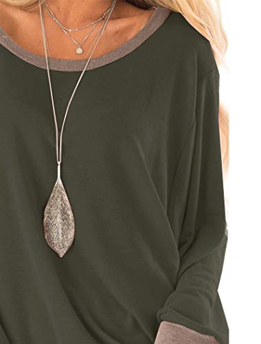 Fallorchid Women's Long Sleeve Crew Neck Tunics Loose Fit Casual Color Block Tops Army Green