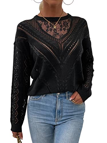 Shein Women's Lace Long Sleeve Round Neck Pullover Sweater Hollow Out Drop Shoulder Ribbed Knit Jumper Top Black Small #TOP11