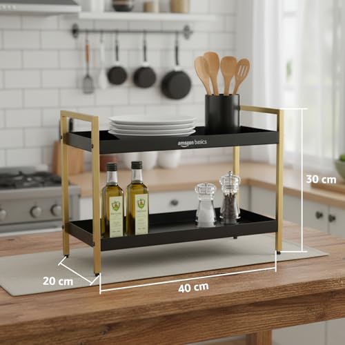 Image of Amazon Basics Modern 2-Tier Metal Organizer Rack for Kitchen, Bathroom, Living Room & Vanity | Black & Gold | Space-Saving Countertop Storage Shelf (20D x 40W x 30H cm)