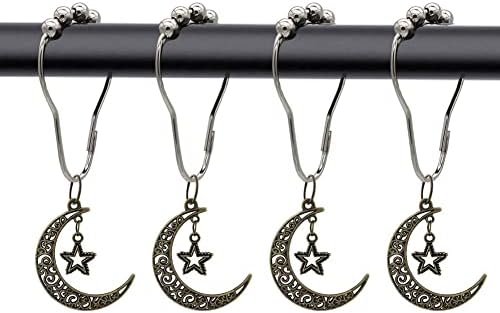 Decorative Moon Star Shower Curtain Hooks for Bathroom Shower Rod, Set of 12 Metal Stainless Steel Rust-Proof Shower Rings with Alloy Moon Star Decor Pendants Gothic Series Style Design