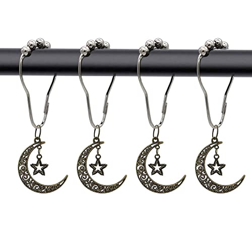 Decorative Moon Star Shower Curtain Hooks For Bathroom Shower Rod, Set Of 12 Metal Stainless Steel Rust-Proof Shower Rings With Alloy Moon Star Decor Pendants Gothic Series Style Design #TOP3