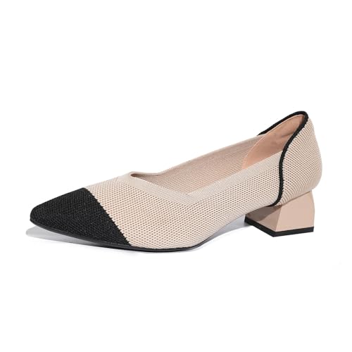 Splicing Pointed Toe Block Pumps for Women Two Tone Slip-on Low Chunky Knit Heels Women's Daily Casual Work Office Knitted Shoes Comfortable Breathable 1.57 Inch