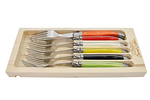 Laguiole Premium Dishwasher Safe Stainless Steel 6-Piece Dinner Fork Set, Festive Multi-Color Handle By Clermont Coutellerie #TOP1