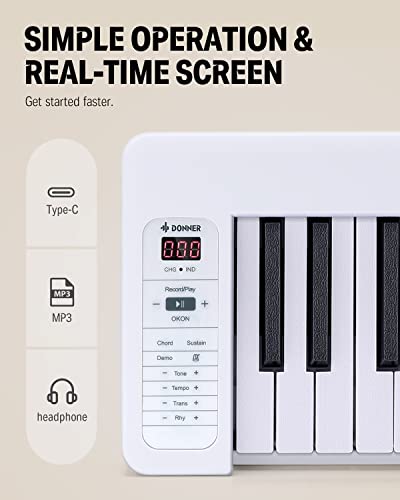 Donner DP-06 Piano à Clavier Pliable Pour Débutants, Clavier de Piano Portable 61 Touches, Clavier de Piano Électrique Numérique avec Bluetooth, Blanc - Les Beatles, Paul McCartney, John Lennon, RIngo Starr, George Harrison Donner DP-06 Piano à Clavier Pliable Pour Débutants, Clavier de Piano Portable 61 Touches, Clavier de Piano Électrique Numérique avec Bluetooth, Blanc – Image 6