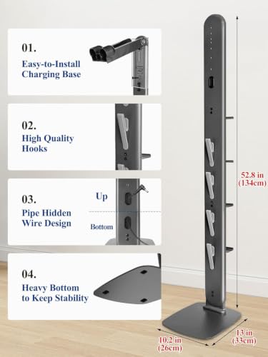 Image of Metal Vacuum Stand for Dyson V16 Gen5 V15 V12 V11 V10 V8 V7 V6, Cordless Vacuum Organizer w /4 Hooks & 4 Shelves, Hidden Cable Design, Space-Saving Attachment Holder for Dyson Vacuums, Dark Gray