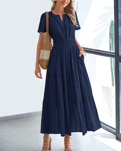 BTFBM Womens Summer 2025 Casual Midi Maxi Dresses Lightweight Short Sleeve V Neck Elastic Waist Boho Beach Dress Pockets2