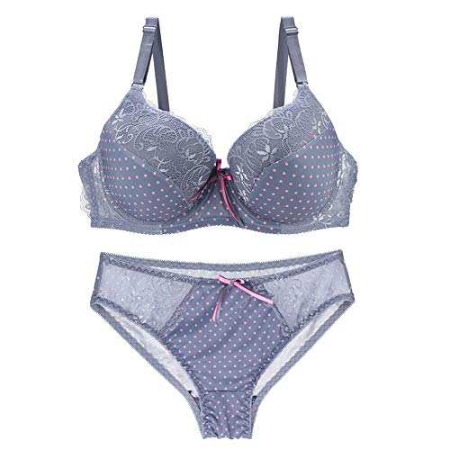Damen BH und Panty Set Satin Bowknot Spitze Polka Dot Bügel BHs Dessous Set - Grau - 85C Cover