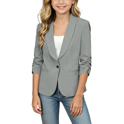 Girls Blazer Jacket Lapel Suit Coat 3/4 Sleeve Open Front Formal Graduation Blazers for Kids 4-15 Years Gray