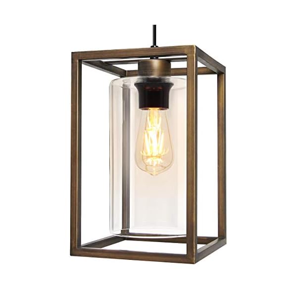 Antique Brass Lantern Ceiling Pendant Light Rectangular Frame with Clear Glass Shade Heritage Vintage M0155F
