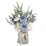 Artificial Flowers with Vase, Faux Dahlia Flower Arrangement in Glass Vase, Blue and White Silk Flowers with Eucalyptus for Home Office Kitchen Dining Table Centerpiece Decor