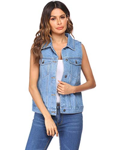 Chainscroll Denim Jean Vest For Women Classic Cropped Distressed Spread Collar Sleeveless Jean Jacket (Clear Blue, Large) #TOP3