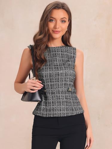 Allegra K Tweed Top for Women's Elegant Plaid Print Sleeveless Crew Neck Waist Buckle Back Zipper Blazer Vest Tops4