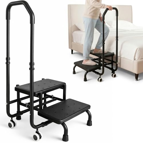 Tritthocker mit Haltegriff - Badewannenstufe mit Haltegriff 5 Höhen von 95 cm bis 105 cm Tragfähigkeit bis 300 lb für Bett Küche Wohnwagen Badewannen Einstiegshilfe (Schwarz)