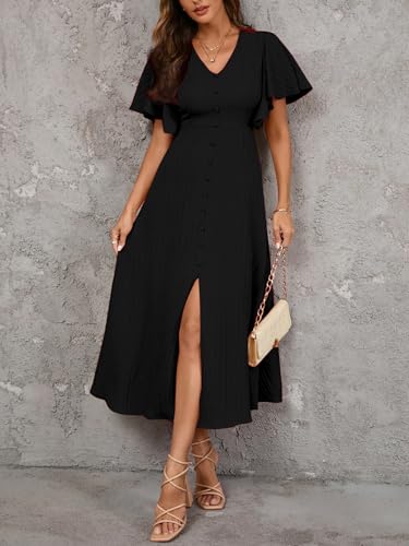 Image of Shasmi Girl's & Women's Pleated Midi Dress with Flutter Sleeves | V-Neck Western Dress for Women | Elegant A-Line Summer Outfit | Office & Casual Wear (Dress 244)