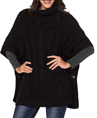 Women's Poncho Sweater Turtle Cowl Neck Batwing Sleeve Pullover Sweaters with Pockets4