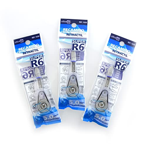 Lote de 3 Recambios de Cinta Correctora R6 de 4.2 mm de Ancho x 6 metros de Largo - Invisible en fotocopias - máxima calidad - apto para todos los correctores R6 - by Office box