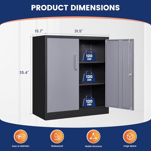 Image of Yizosh Metal Garage Storage Cabinet with 2 Doors and 2 Adjustable Shelves - 35.5 inch Steel Lockable File Cabinet for Home Office,Garage,Gym,School(Gray Black)