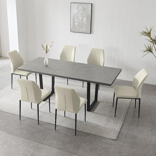 jiexi Esstisch Mit 4-8 Stühlen Set, Esszimmertisch Ausziehbar, Tisch Esszimmer, Essgruppe Mit 4-8 Stühle, MDF-Platten Holztisch Geeignet Für Wohnzimmer, Küche(130-170cm Tisch + 6 Beige Stühle)