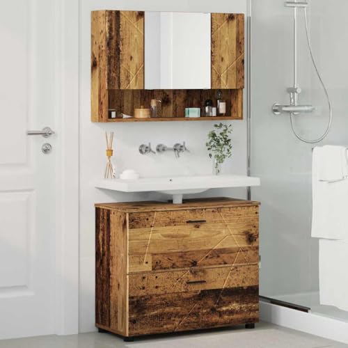 Armario de baño con espejo de madera contrachapada, 2 cajones y 7 estantes para aseo 5
