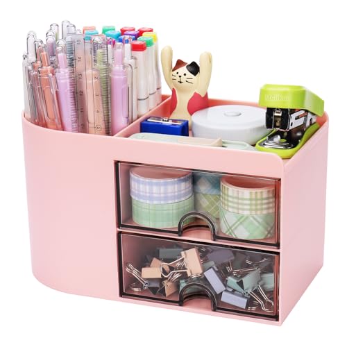 Meiikun Organizador de mesa multifuncional, suporte de caneta de plástico com 2 gavetas, 3 compartimentos e uma bandeja superior, organizadores de mesa pequenos acessórios de mesa de organização de