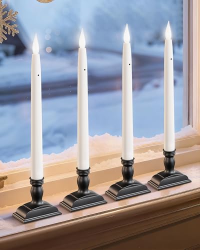 otnofok 13.2' Battery Operated Window Candles with Dusk to Dawn Sensor, LED Flickering Flame, 5000K Cool White Christmas Candle Lights for Windows, Indoor Holiday Decor, 4 Pack, Black Holders