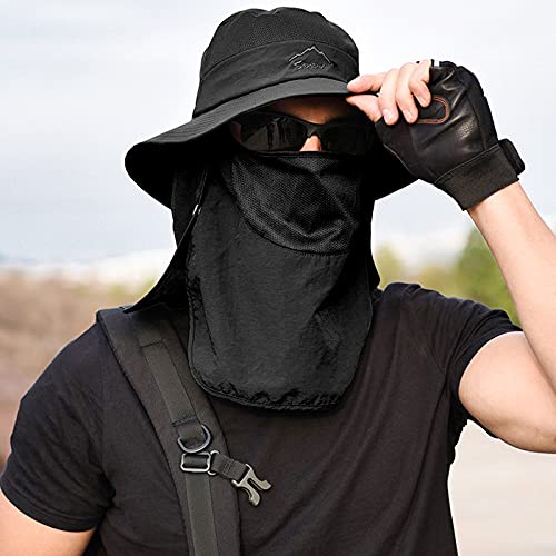 Fishing Hat For Men & Women, Outdoor Uv Sun Protection Wide Brim Hat With Face Cover & Neck Flap (Black) #TOP1