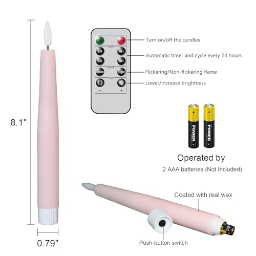 Image of Pink Flameless Taper Candles, Spring LED Flickering Taper Candles Battery Operated with Remote Timer, 4 Pcs Flameless Candlesticks for Spring Wedding Home Decorations(D0.78 inch x H8.1 inch)