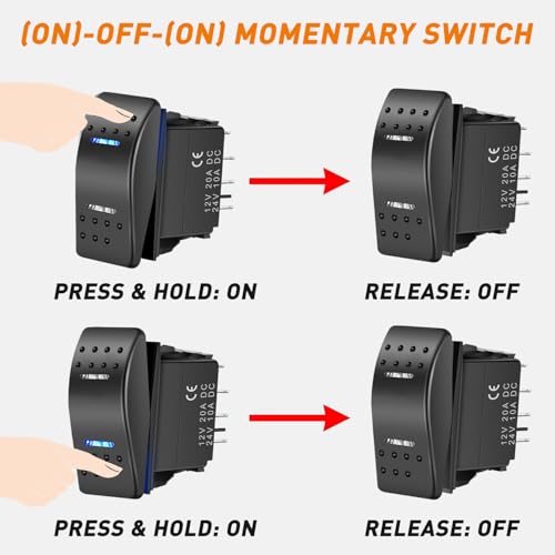 Image of Nilight 7Pin Momentary Rocker Switch DPDT Toggle(On)-Off-(On) | 3 Way Electrical 12V /20A 24V /10A Waterproof with Jumper Wires for Winch in Out Down Up Trucks RV Boats Automotive Cars Blue